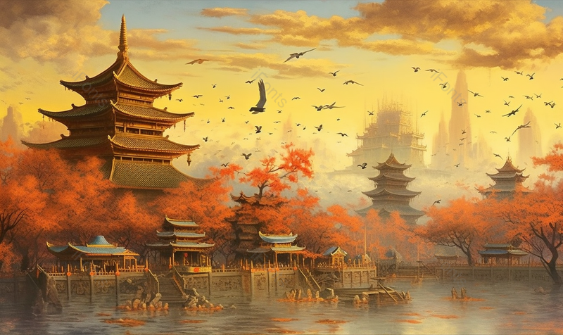 黄色天空古代建筑楼宇山脉飞鸟树林国风插画,插画/手绘图,插画/手绘图库,插画/手绘图下载,插画/手绘